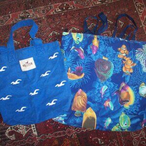 HOLLISTER  TOTE BAG Seagulls Bright Blue Shopping Beach Grocery Eco Reusable 2pc